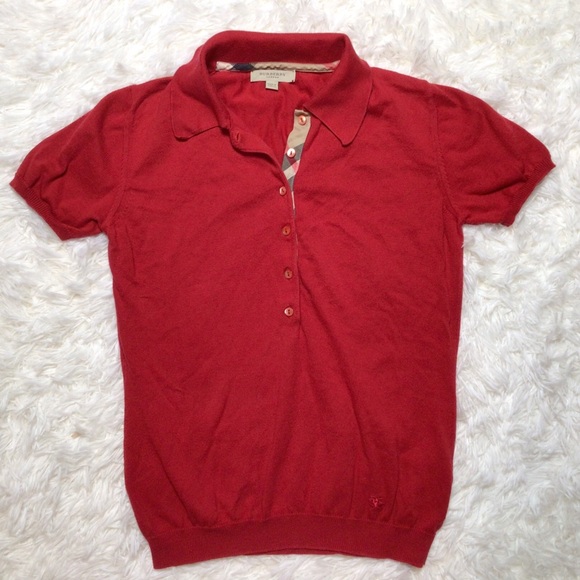 Burberry Plaid Red 100% Cotton Polo Collar Sweater Preppy Logo Horse Tan Soft Sm - Picture 1 of 12